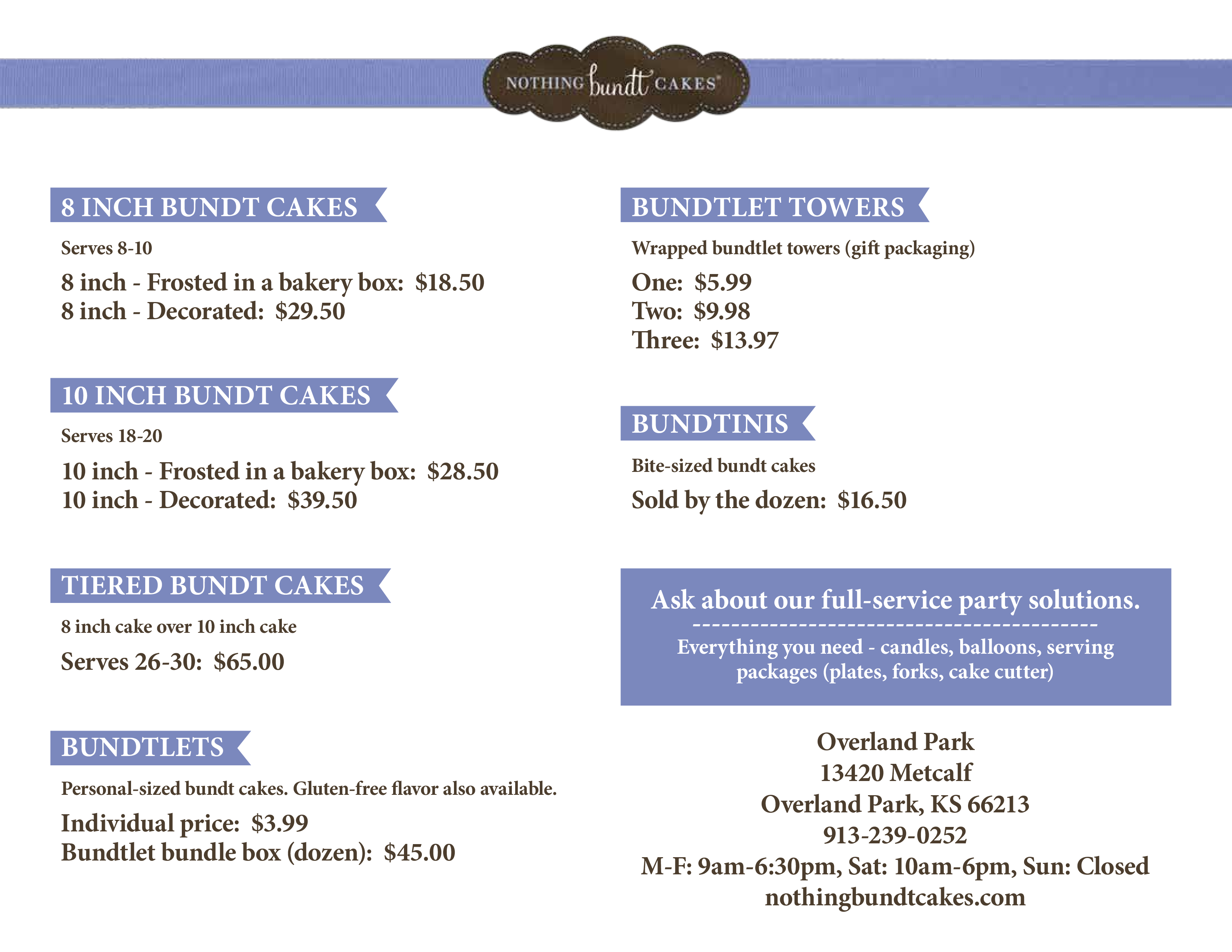Nothing Bundt Cakes Menu, Menu v reštaurácii Nothing Bundt Cakes
