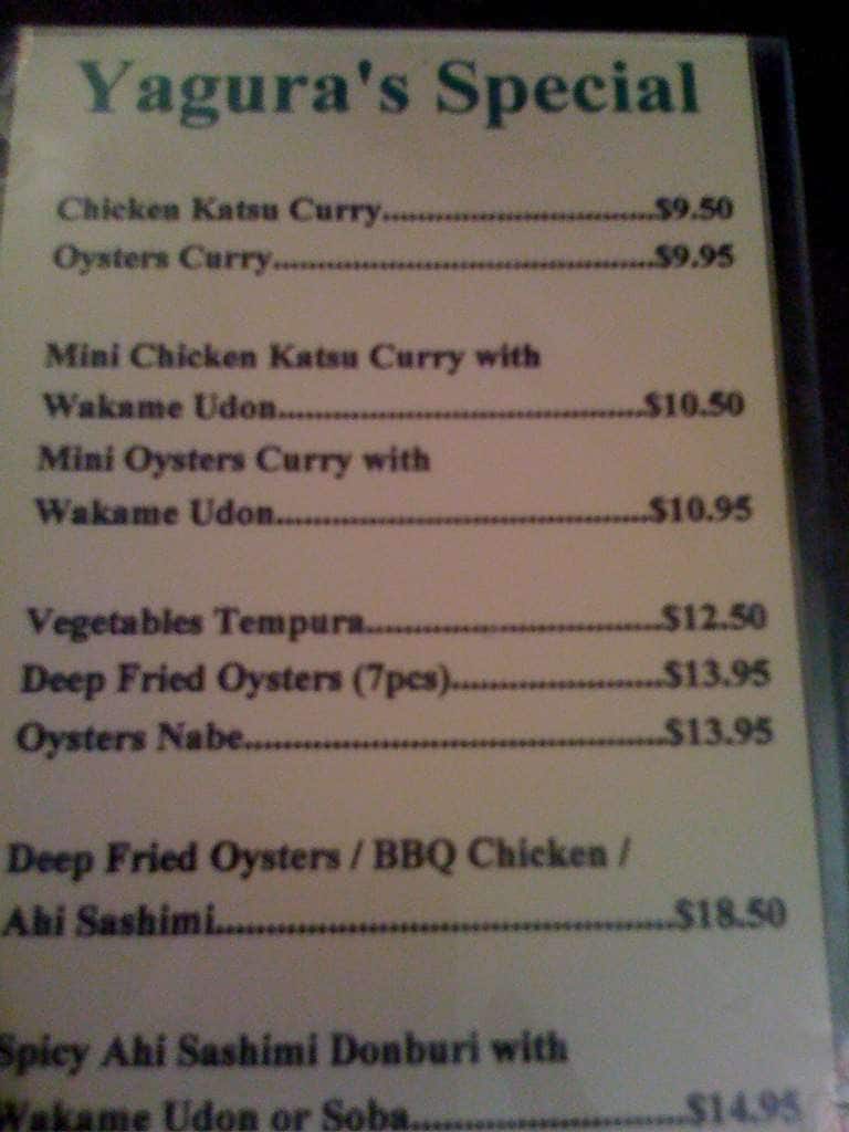 Menu at Yagura Restaurant, Honolulu