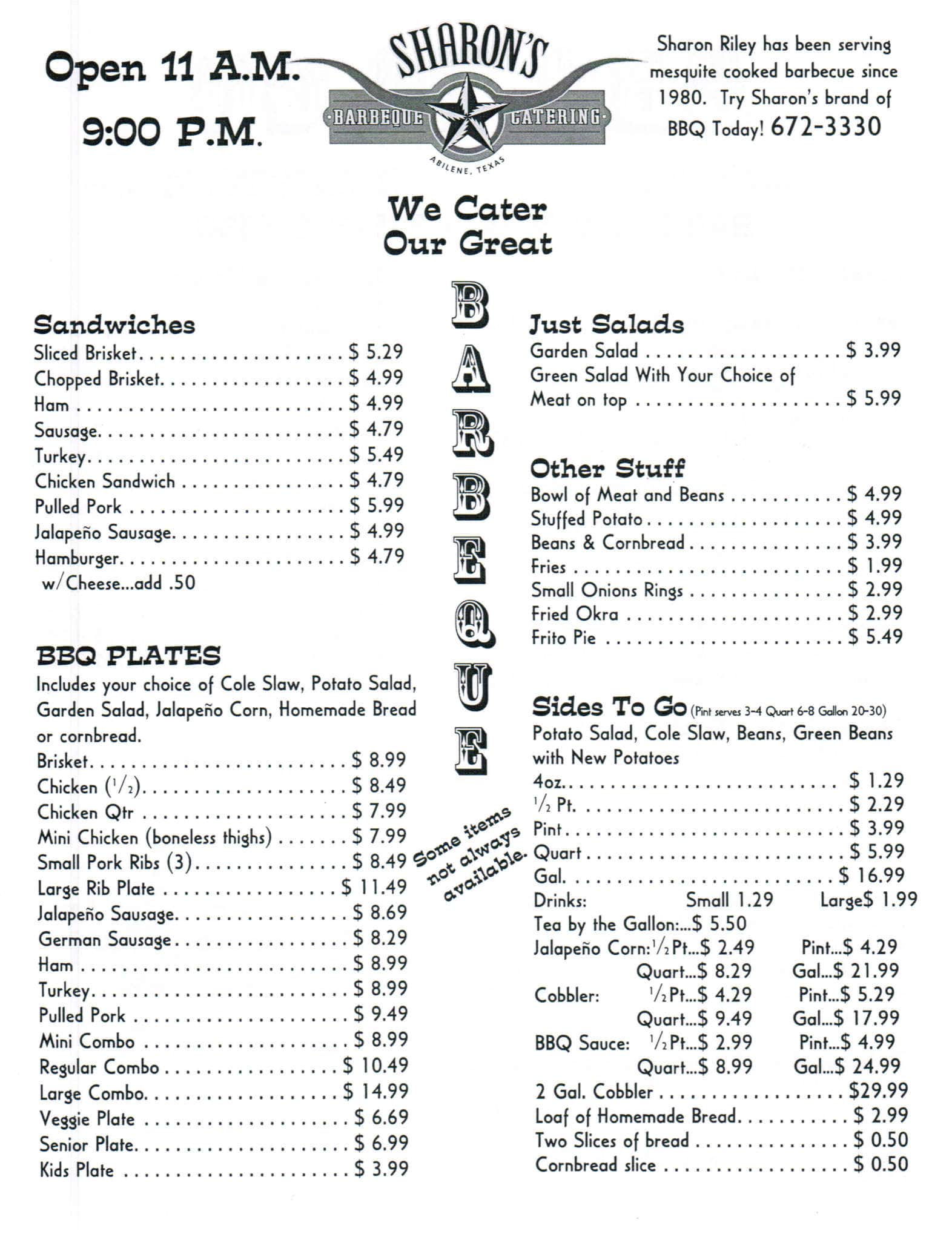 Menu at Sharon's Barbeque, Abilene