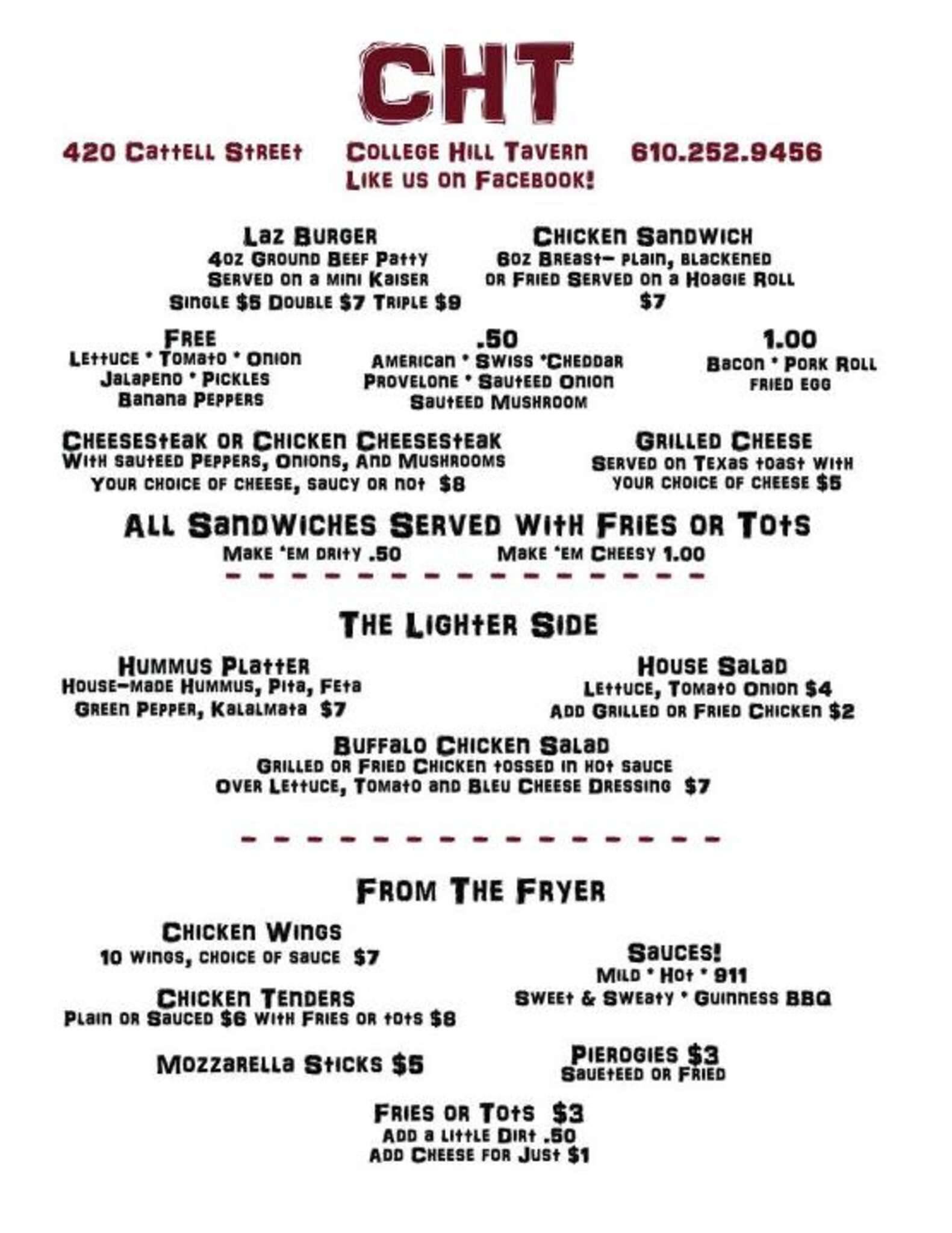 College Hill Tavern Menu, Menu for College Hill Tavern, Easton