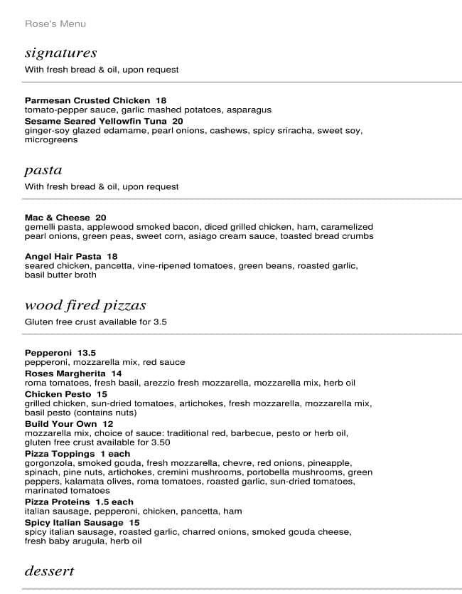 Menu at Rose's pizzeria, East Grand Rapids