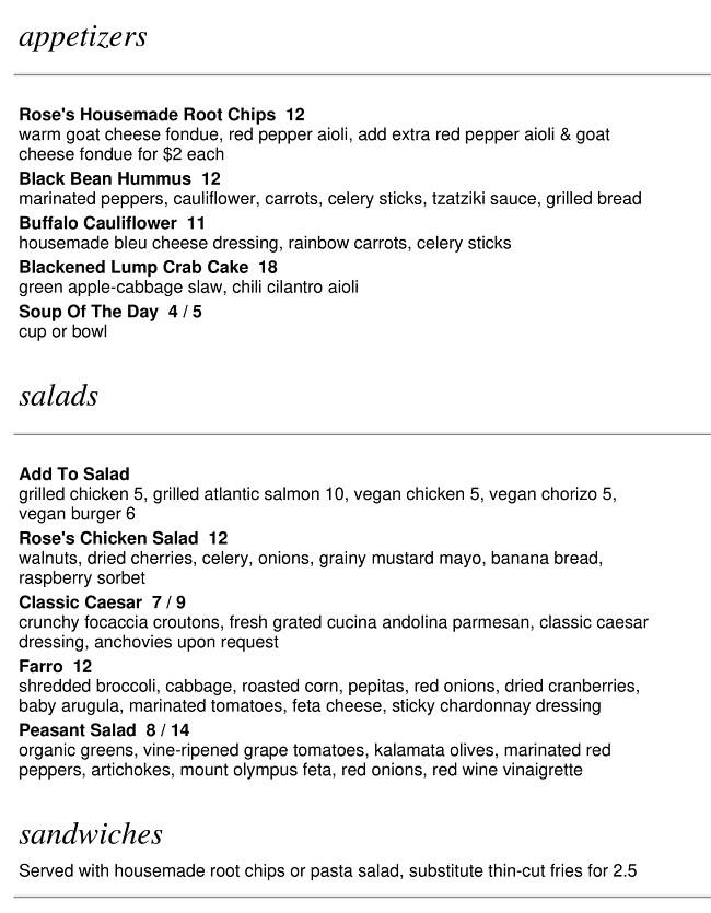 Menu at Rose's pizzeria, East Grand Rapids