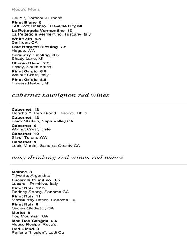 Menu at Rose's pizzeria, East Grand Rapids