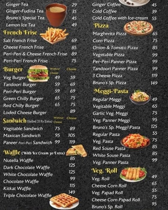 Menu of Bruno's Cafe, Panchvati, Vadodara