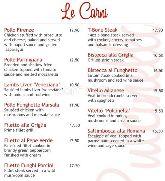 Menu at Pulcinella restaurant, Glasgow