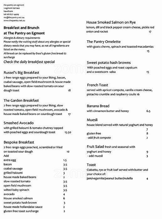 Menu At The Pantry On Egmont Cafe Adelaide