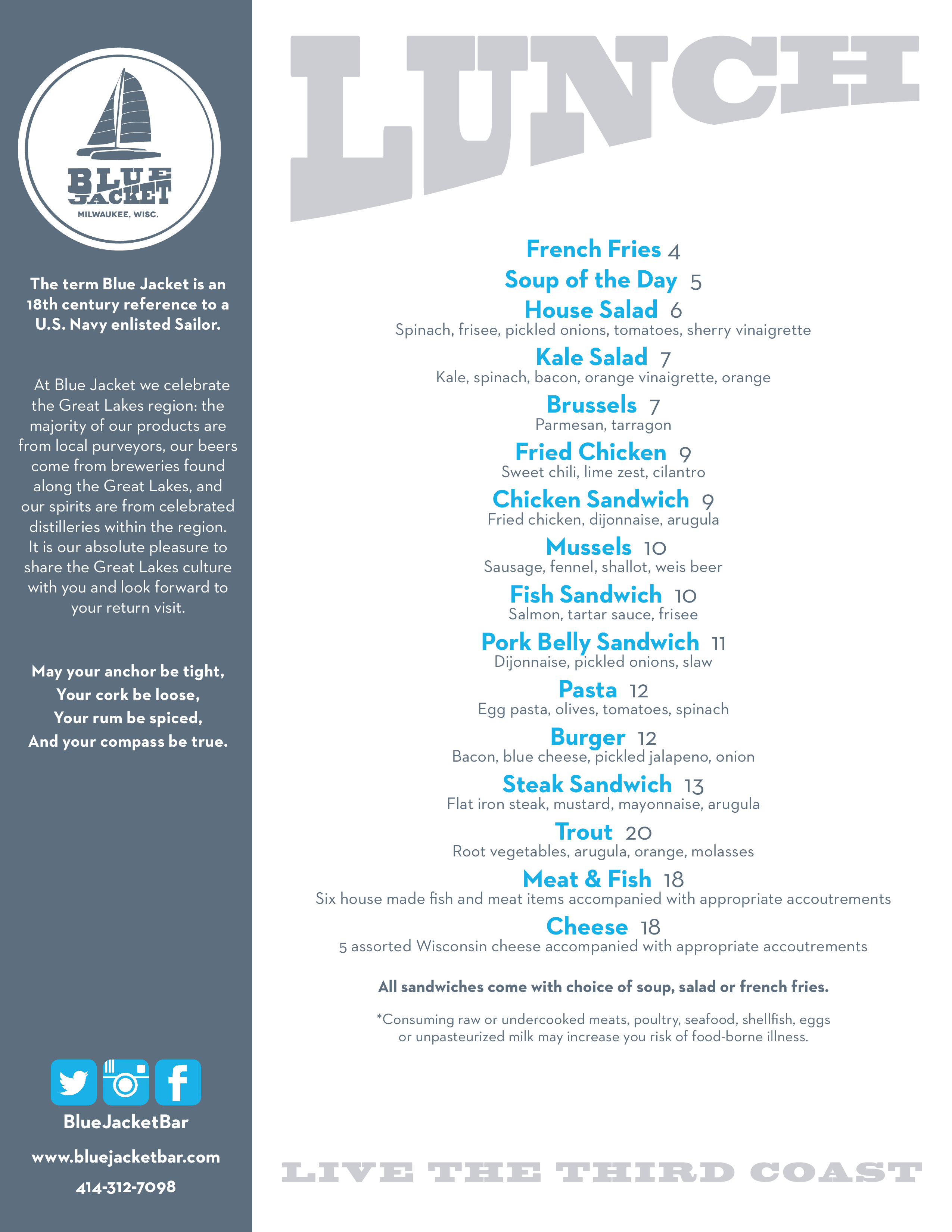 Blue Jacket menu, Menu restauracji Blue Jacket, Walker's Point