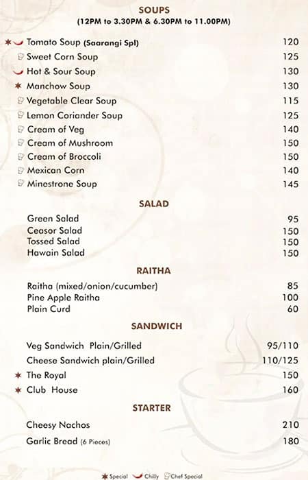 Menu of Saarangi Fine Dining, Jayanagar, Bangalore