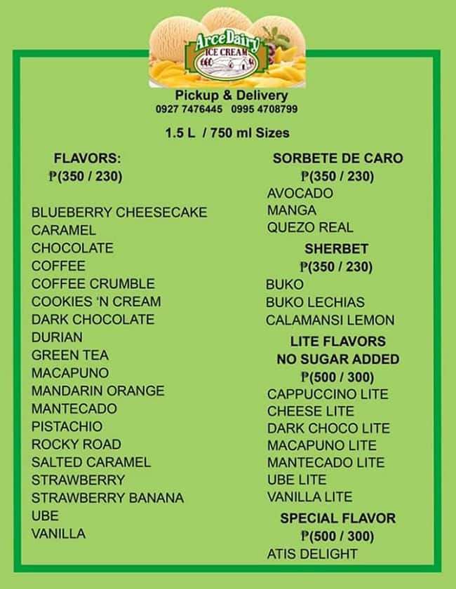 Menu at Arce Dairy Ice Cream, Mandaluyong