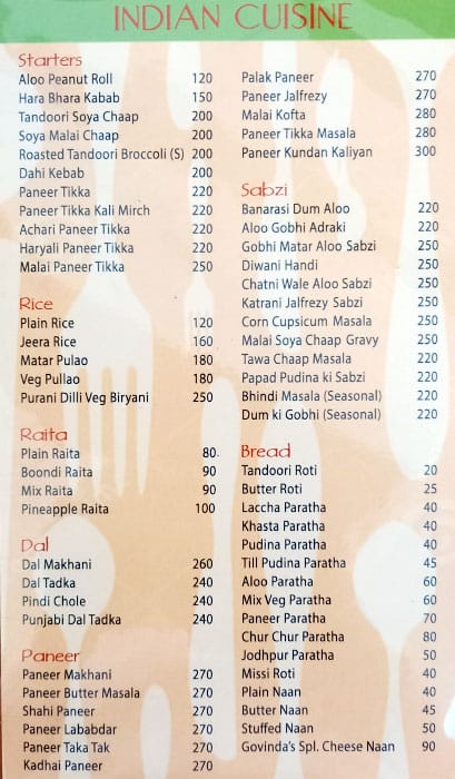 Govinda's Restaurant menu