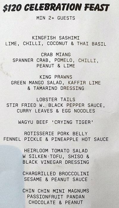 Menu at Chin Chin restaurant, Surry Hills