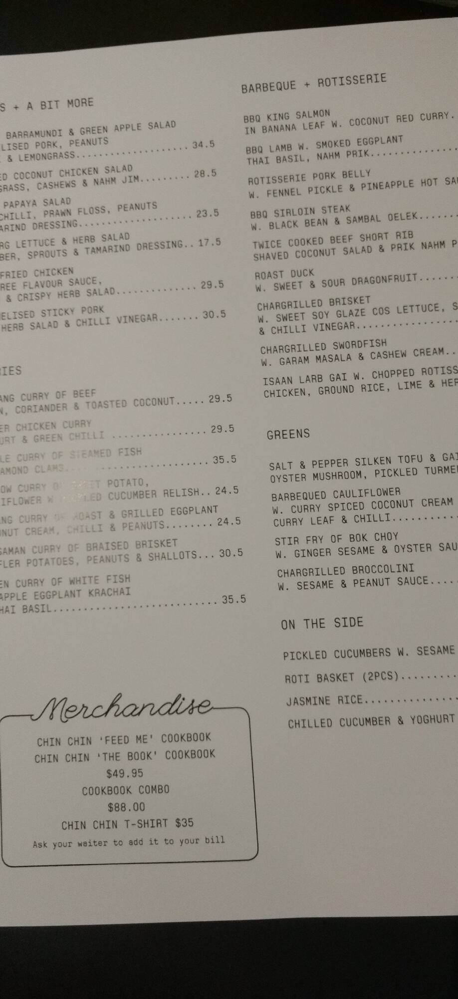 Menu at Chin Chin restaurant, Surry Hills