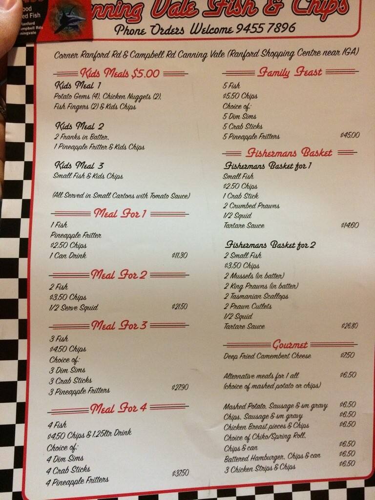 Canning Vale Fish and Chips Menu Urbanspoon/Zomato
