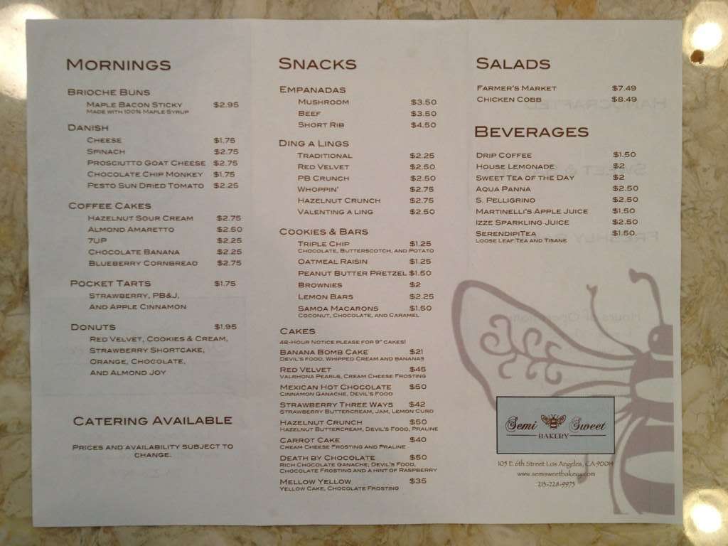 Semi Sweet Bakery Menu, Menu for Semi Sweet Bakery, Downtown, Los
