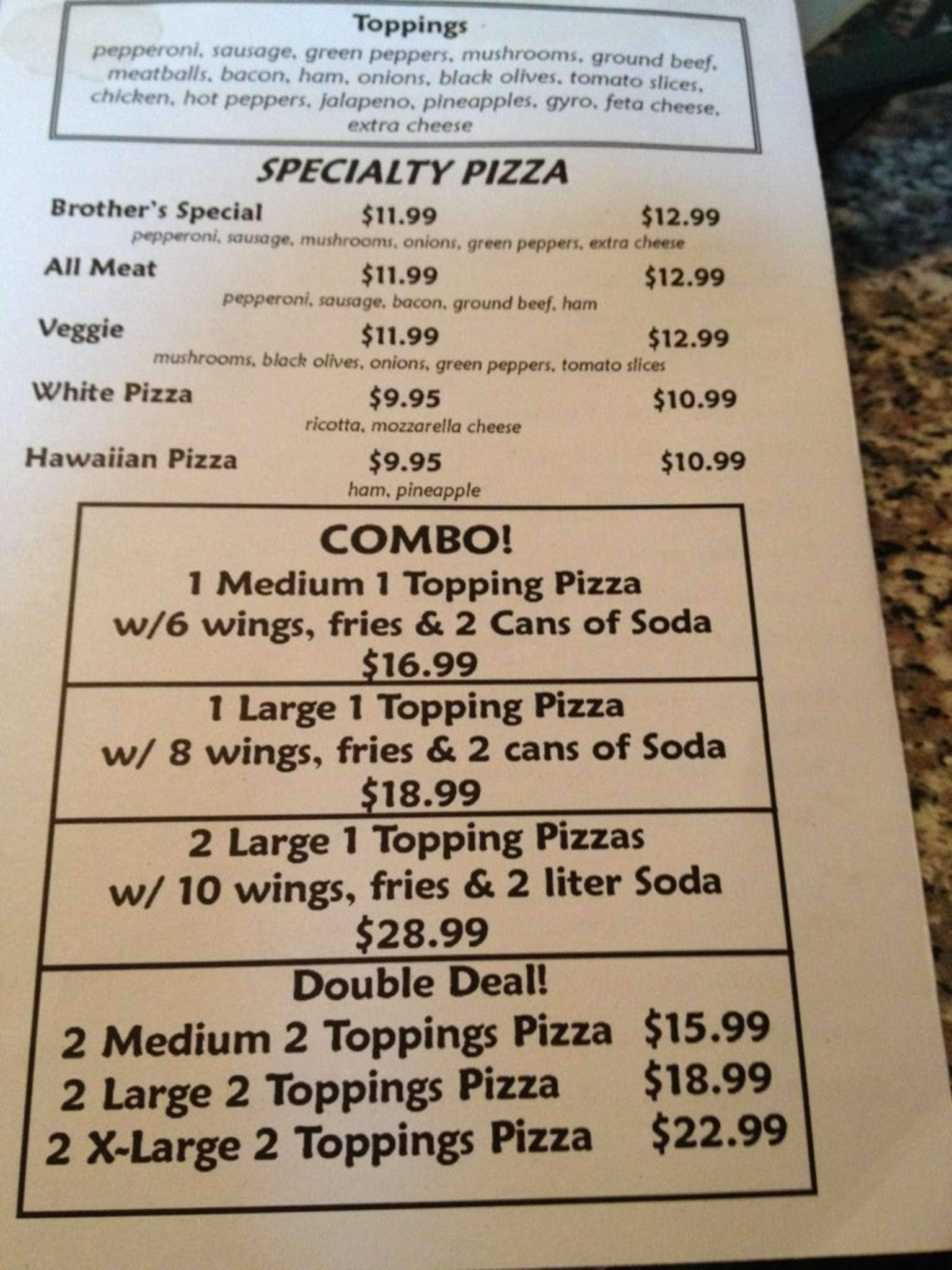 Brother's Pizza & Subs Menu Urbanspoon/Zomato