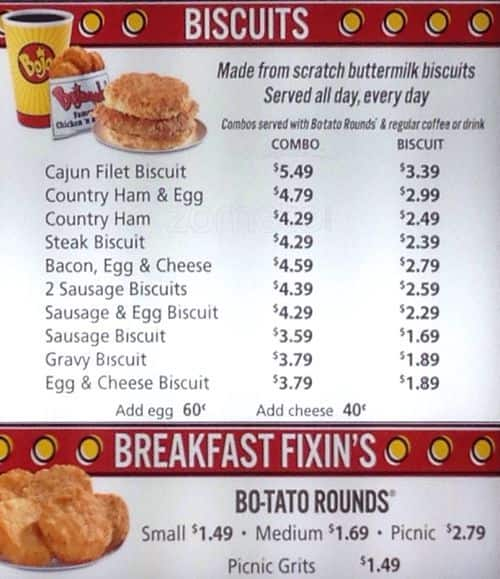 Menu at Bojangles fast food, Charlotte, S Tryon St