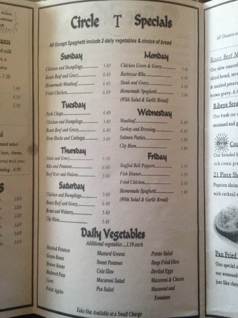 Menu at Circle T Restaurant, Hazard