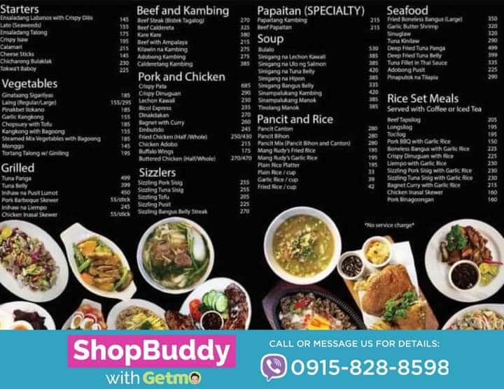 Mang Rudy's Tuna Grill & Papaitan menu