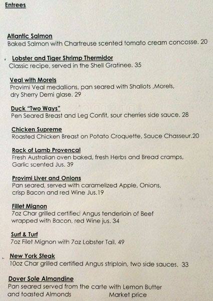 Chartreuse Restaurant menu