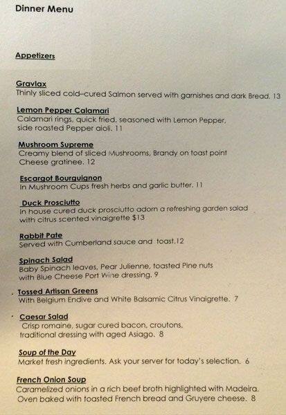 Chartreuse Restaurant menu