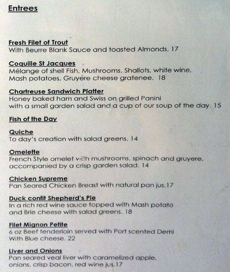 Chartreuse Restaurant menu