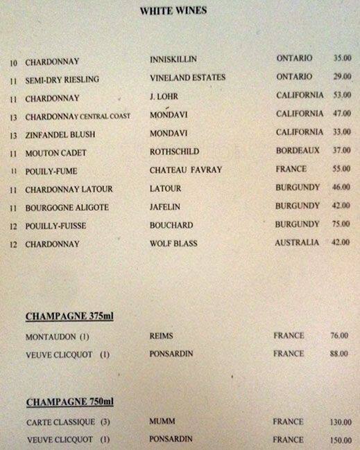 Chartreuse Restaurant menu