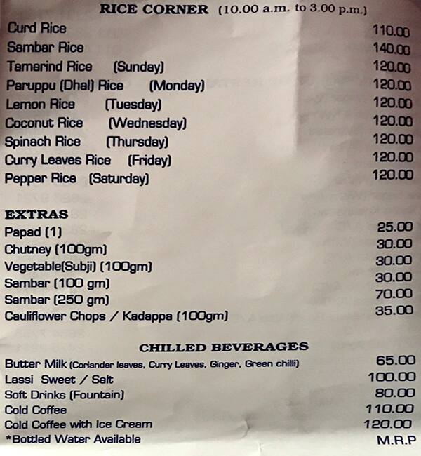 Hotel Saravana Bhavan menu