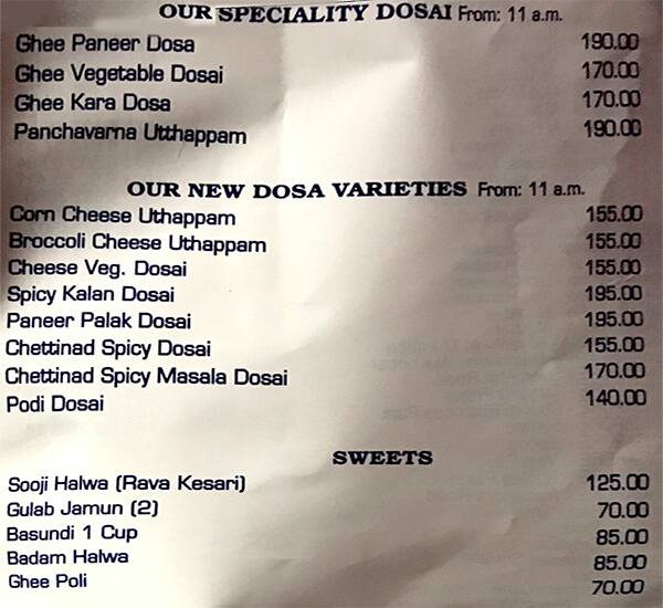 Hotel Saravana Bhavan menu
