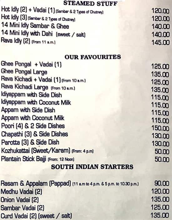 Hotel Saravana Bhavan menu