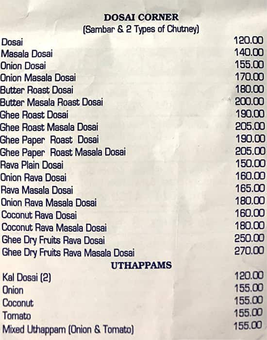 Hotel Saravana Bhavan menu