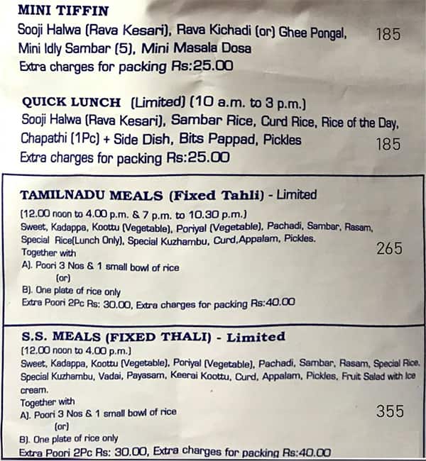 Hotel Saravana Bhavan menu