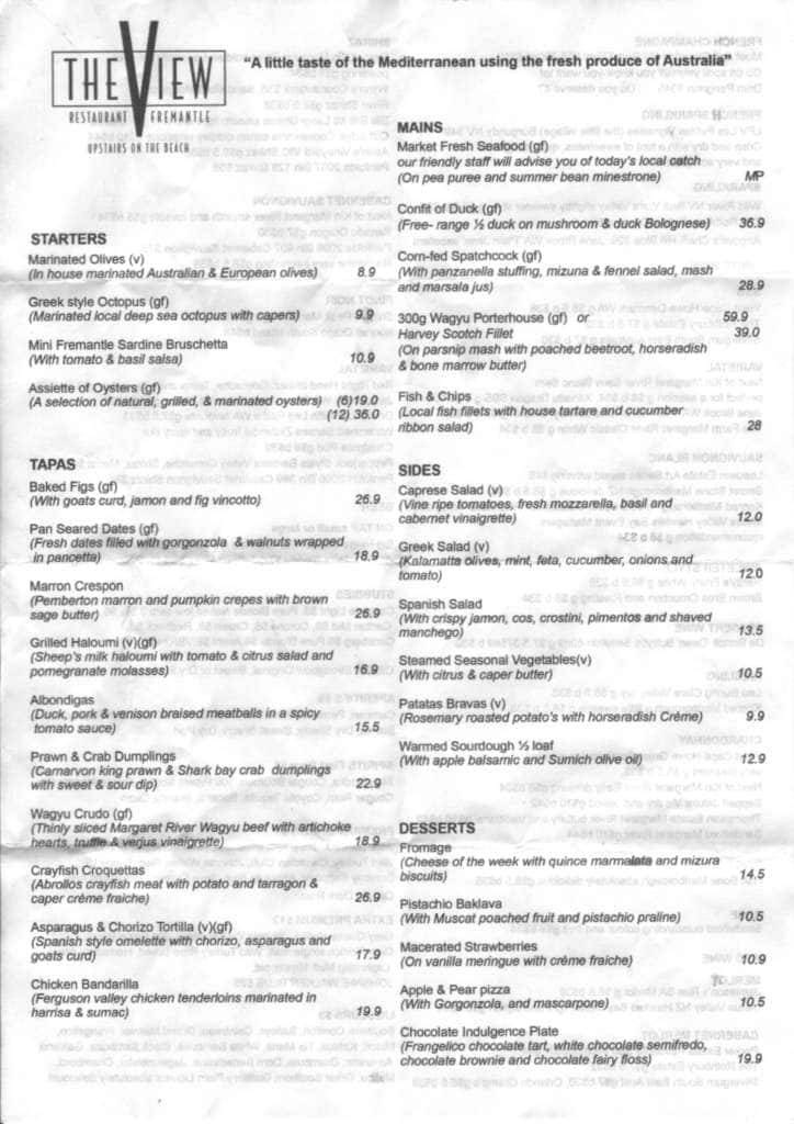The View Restaurant Menu, Menu for The View Restaurant, Fremantle
