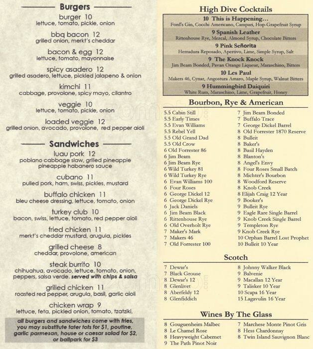 High Dive Menu, Menu for High Dive, West Town, Chicago Urbanspoon/Zomato
