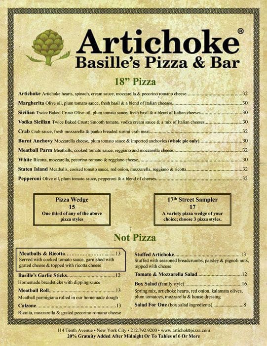 Artichoke Basille's Pizza Menu Urbanspoon/Zomato