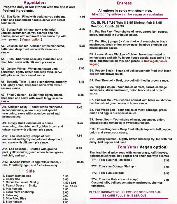 D. Asian Thai Restaurant Menu, Menu for D. Asian Thai Restaurant