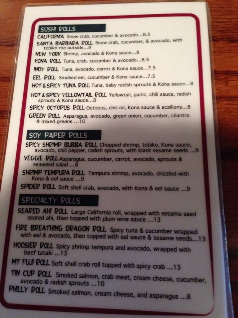 Menu at Kona Jack's Fish Market & Sushi Bar, Indianapolis