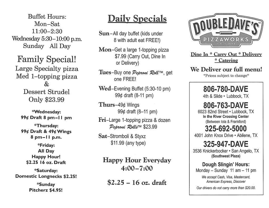 Double Dave S Pizzaworks Menu Menu For Double Dave S