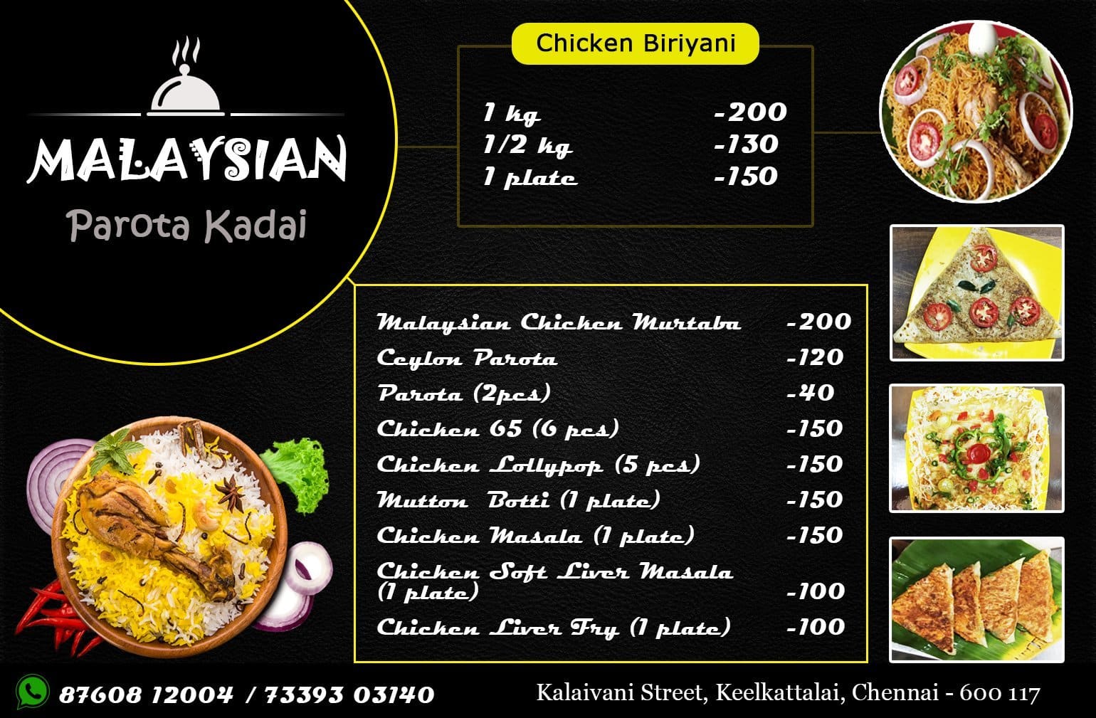 Menu of Malaysian Parota Kadai Family Restaurant, Nanganallur, Chennai