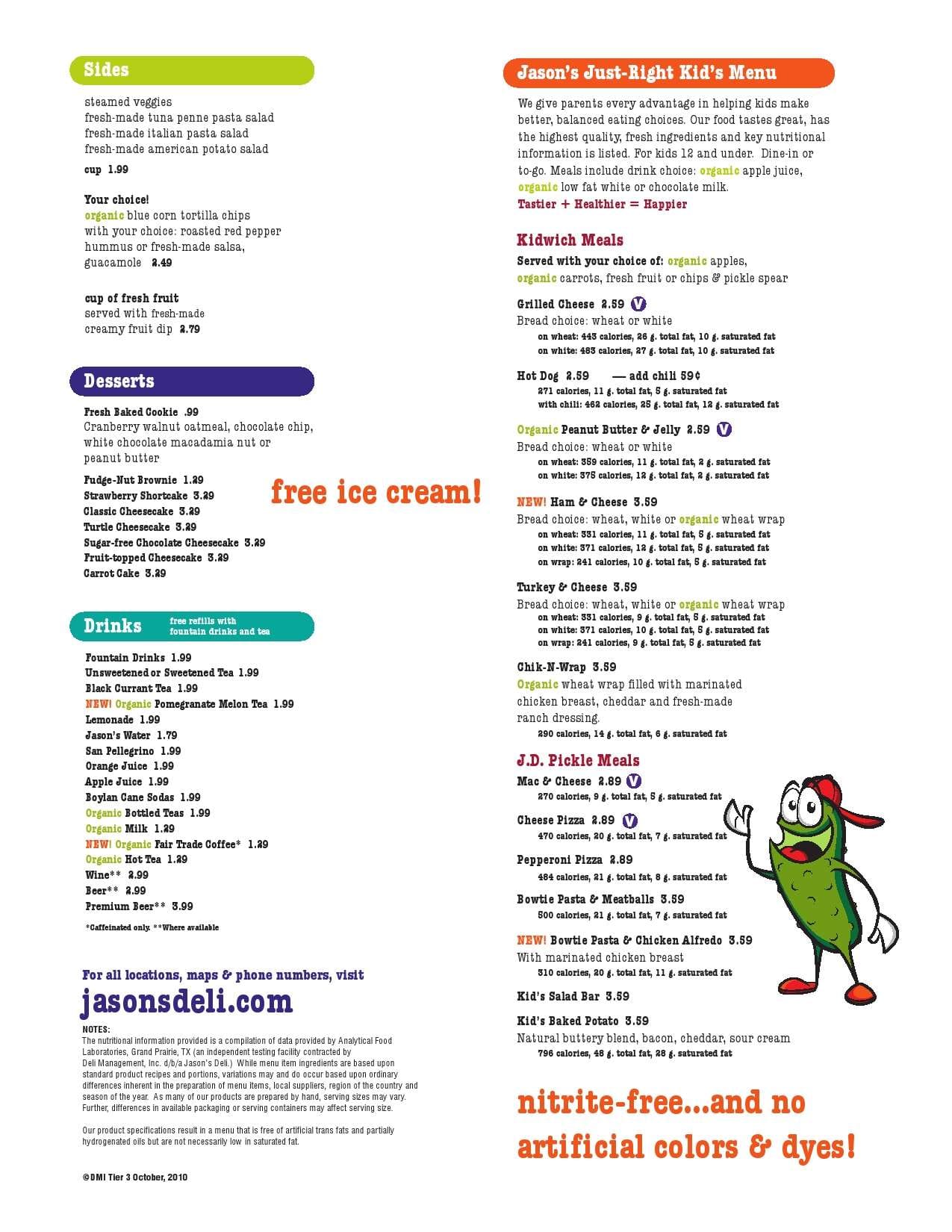 Menu at Jason's Deli restaurant, Pembroke Pines