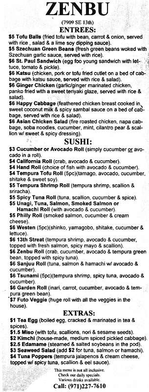 Zenbu Sushi menu