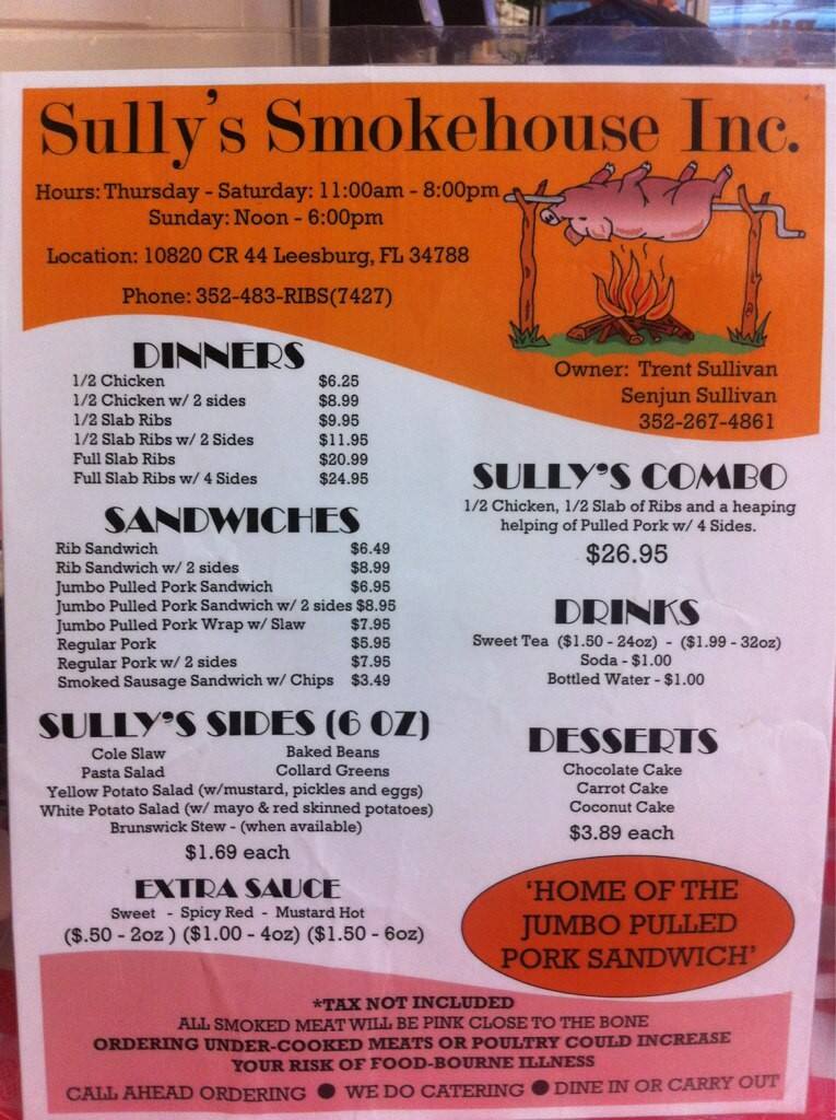 Menu at Sully's Smokehouse restaurant, Leesburg