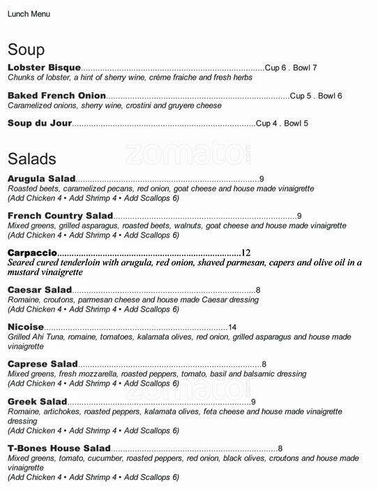 TBones Steakhouse Menu, Menu for TBones Steakhouse, Penfield