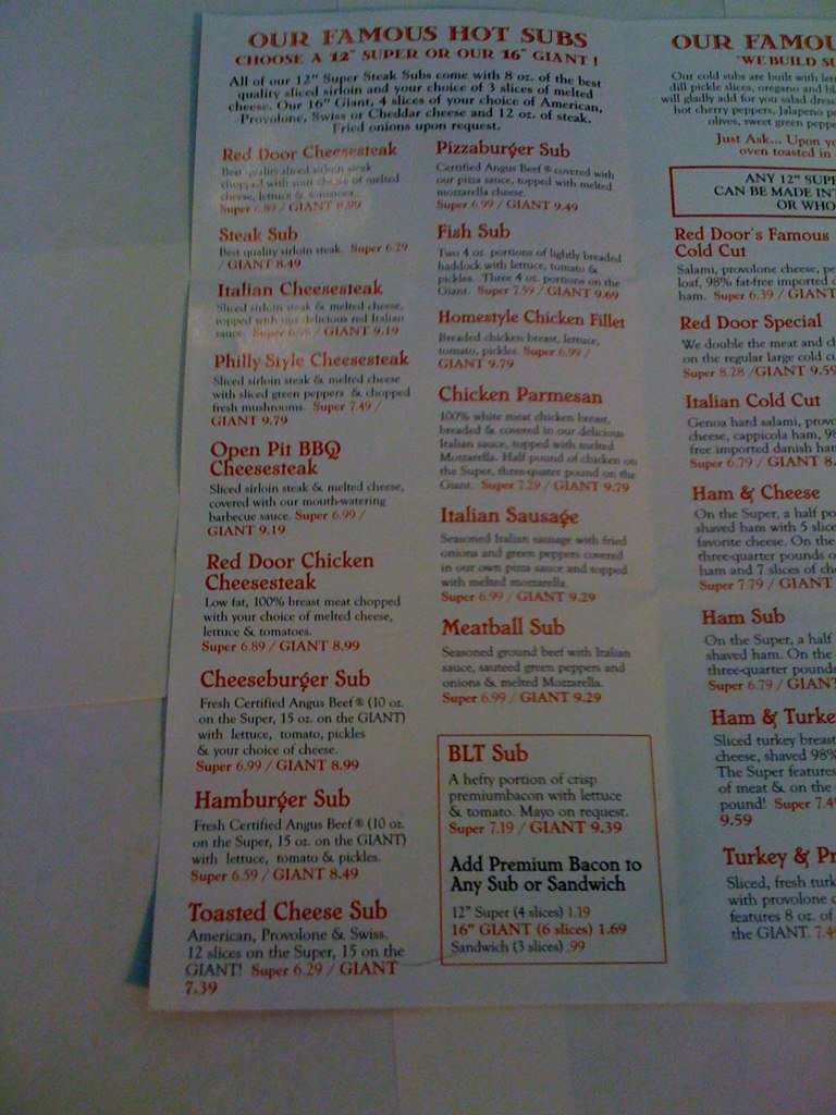 Red Door Sub Shop Menu Menu For Red Door Sub Shop Salisbury