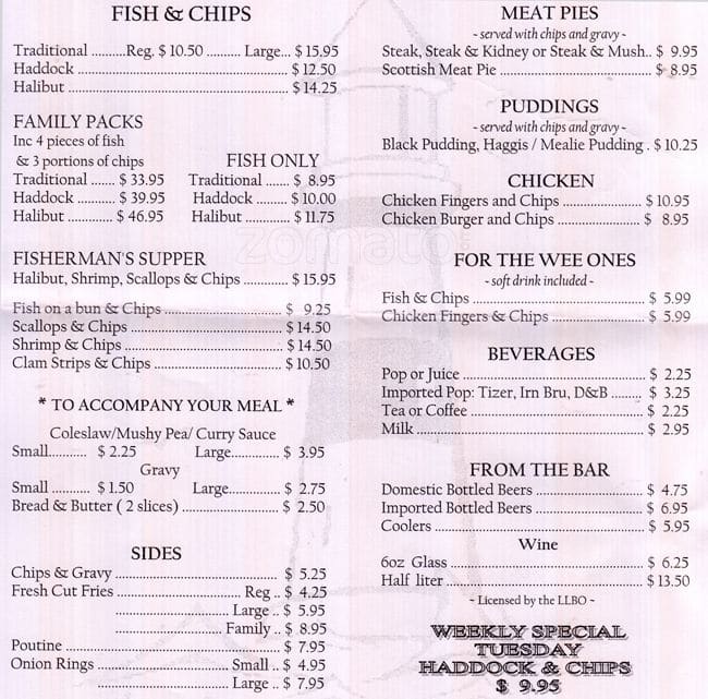 Sea Shanty Fish \u0026 Chips Menu, Menu for