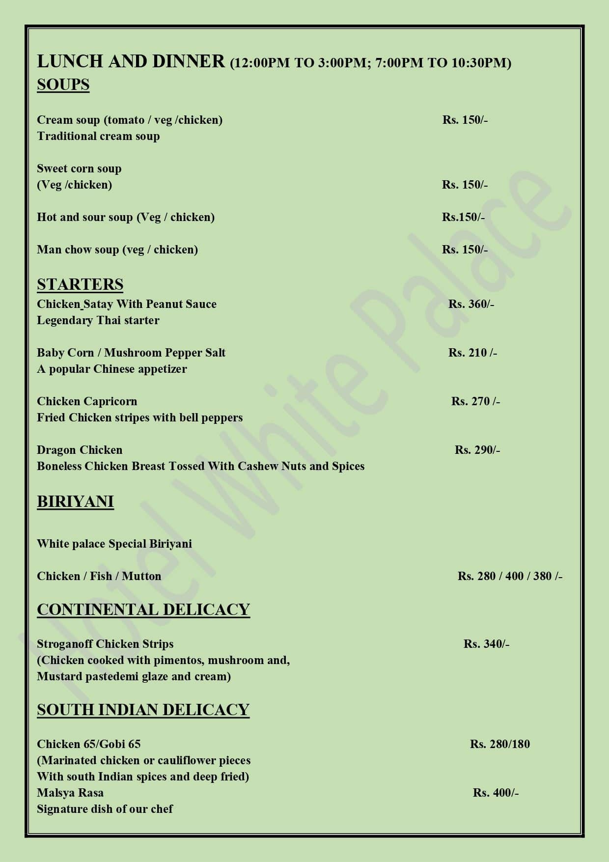 Menu at White Palace Fine Gold Bar, Thrissur