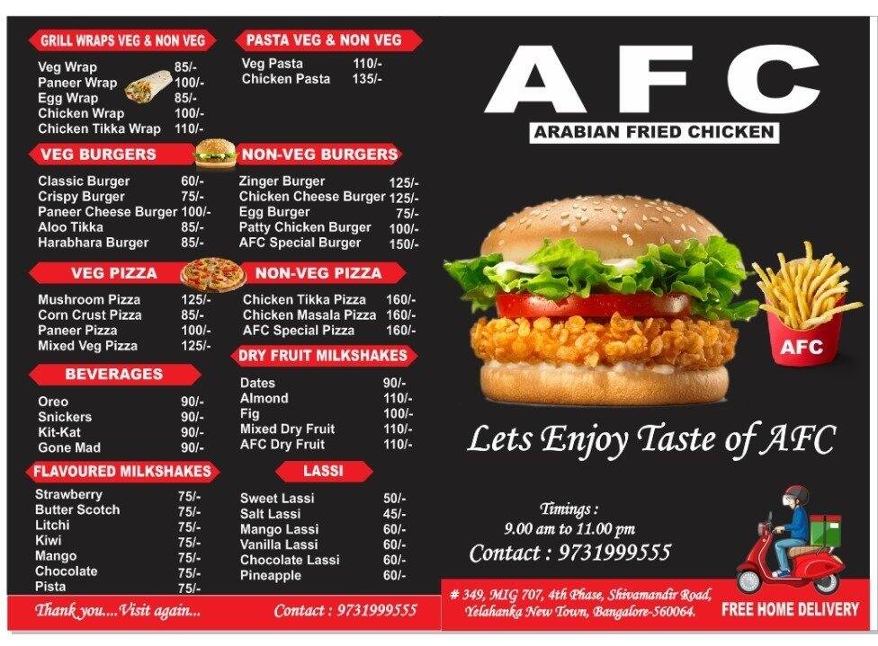 Menu of Arabian Fried Chicken, Yelahanka, Bangalore