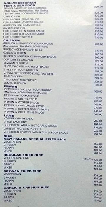 New Palace Club menu