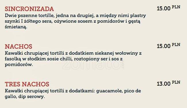 Menu at El Tapatio restaurant, Szczecin