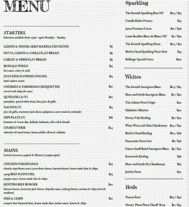 The Kentish Menu, Menu for The Kentish, North Adelaide, Adelaide Urbanspoon/Zomato