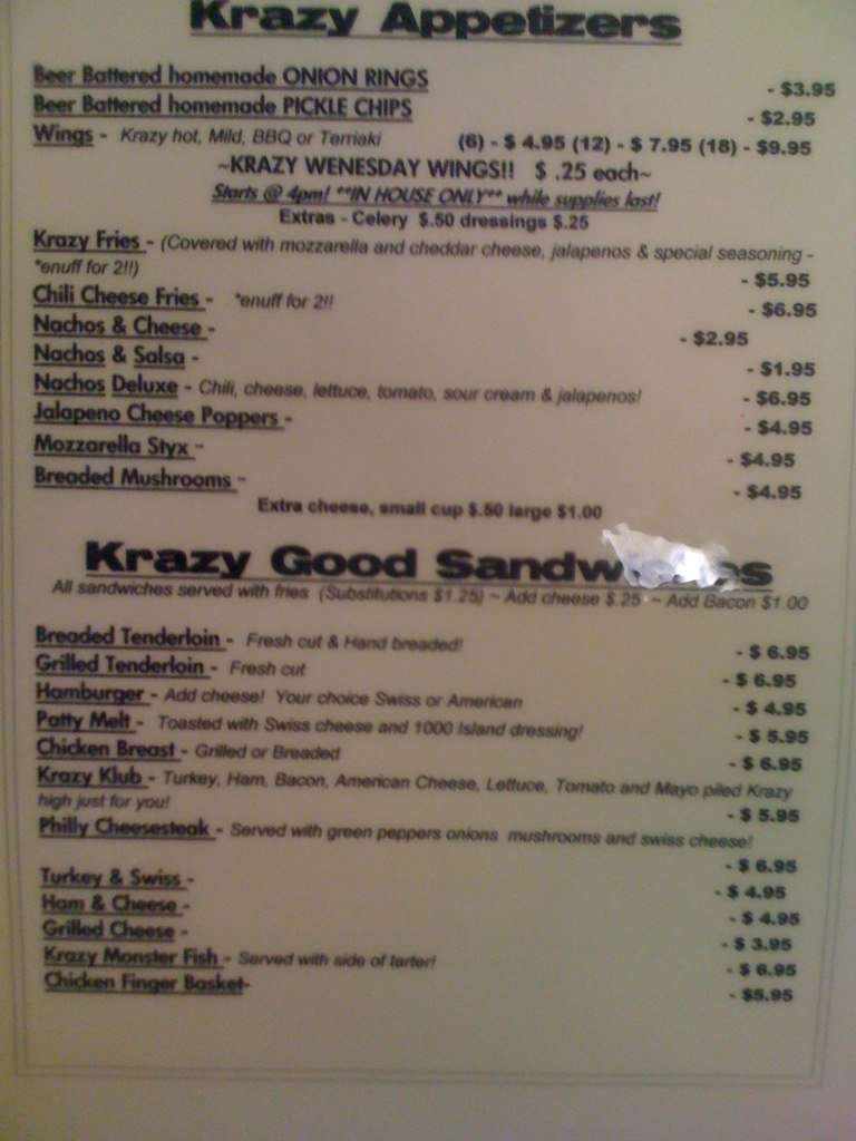 Krazy Street Grille Menu, Menu for Krazy Street Grille, South/Southwest